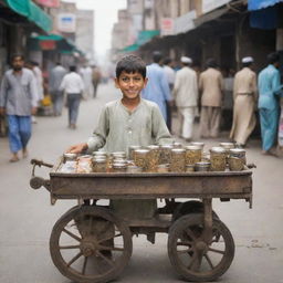 A young Pakistani boy in traditional attire, selling tea from a well-worn cart in a bustling market street.