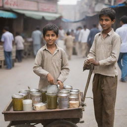 A young Pakistani boy in traditional attire, selling tea from a well-worn cart in a bustling market street.