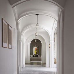 A classical white hallway beautifully adorned with arches and a well-curated gallery wall.