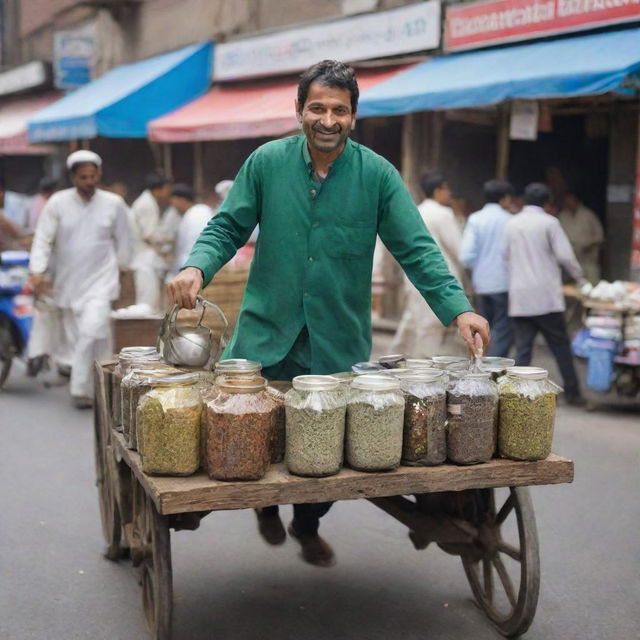 A 40-year-old Pakistani man in traditional attire, selling tea from a well-worn cart in a bustling market street.