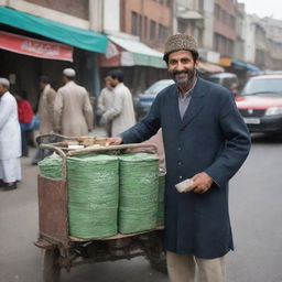 A 40-year-old Pakistani man in traditional attire, selling tea from a well-worn cart in a bustling market street.