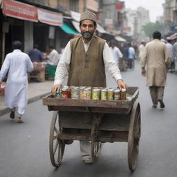 A 40-year-old Pakistani man in traditional attire, selling tea from a well-worn cart in a bustling market street.