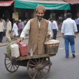 A 40-year-old Pakistani man in traditional attire, selling tea from a well-worn cart in a bustling market street.