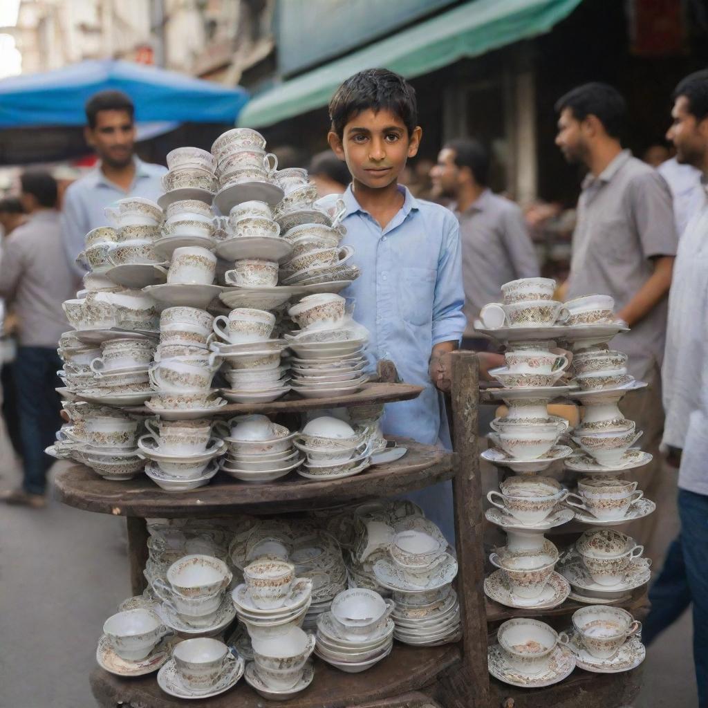 An overwhelming amount of mismatched tea cups stacked haphazardly on a well-worn cart, manned by a young Pakistani boy in a bustling market street.