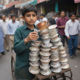 An overwhelming amount of mismatched tea cups stacked haphazardly on a well-worn cart, manned by a young Pakistani boy in a bustling market street.