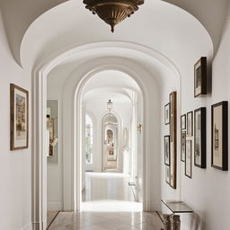 A classical white hallway beautifully adorned with arches and a well-curated gallery wall.