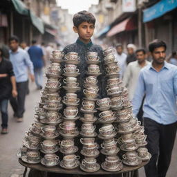 An overwhelming amount of mismatched tea cups stacked haphazardly on a well-worn cart, manned by a young Pakistani boy in a bustling market street.