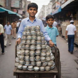 An overwhelming amount of mismatched tea cups stacked haphazardly on a well-worn cart, manned by a young Pakistani boy in a bustling market street.