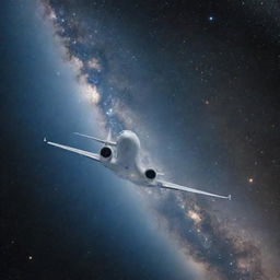 An airplane soaring through the vastness of outer space, surrounded by distant stars and galaxies