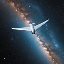 An airplane soaring through the vastness of outer space, surrounded by distant stars and galaxies