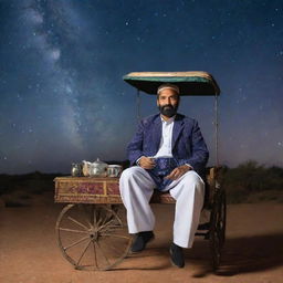 A 40-year-old Pakistani man, wearing traditional attire, selling tea in a cart adorned with galaxies and stars, surrounded by the breathtaking beauty of the universe.