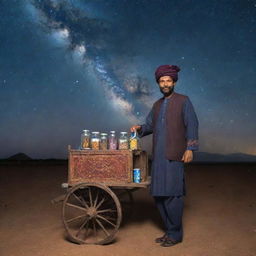 A 40-year-old Pakistani man, wearing traditional attire, selling tea in a cart adorned with galaxies and stars, surrounded by the breathtaking beauty of the universe.