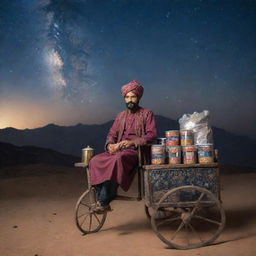 A 40-year-old Pakistani man, wearing traditional attire, selling tea in a cart adorned with galaxies and stars, surrounded by the breathtaking beauty of the universe.