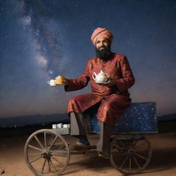 A 40-year-old Pakistani man, wearing traditional attire, selling tea in a cart adorned with galaxies and stars, surrounded by the breathtaking beauty of the universe.