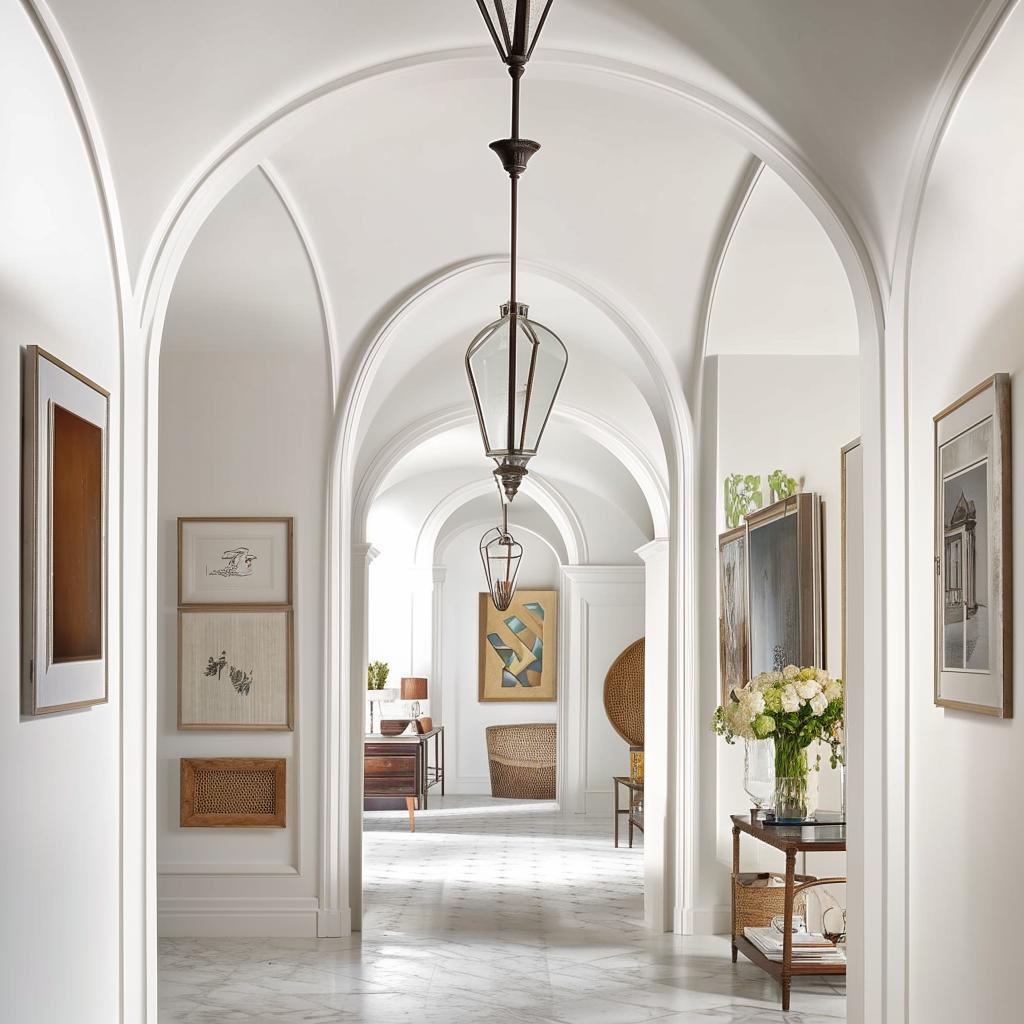 Classical white hallway adorned with elegant arches and a sophisticated gallery wall.