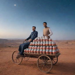 A 40-year-old Pakistani man in traditional attire, selling an overwhelming amount of tea from a cart brimming with stacked cups, set against the breathtaking backdrop of the universe.