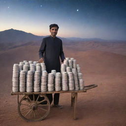 A 40-year-old Pakistani man in traditional attire, selling an overwhelming amount of tea from a cart brimming with stacked cups, set against the breathtaking backdrop of the universe.