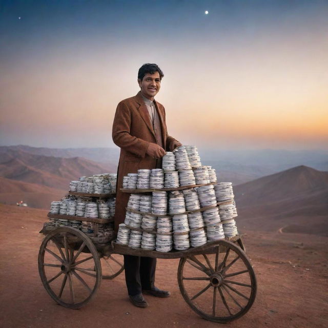 A 40-year-old Pakistani man in traditional attire, selling an overwhelming amount of tea from a cart brimming with stacked cups, set against the breathtaking backdrop of the universe.