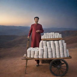 A 40-year-old Pakistani man in traditional attire, selling an overwhelming amount of tea from a cart brimming with stacked cups, set against the breathtaking backdrop of the universe.