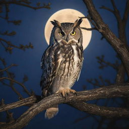 Generate an image of an owl, perched on an oak tree branch, under the glow of the moonlight.