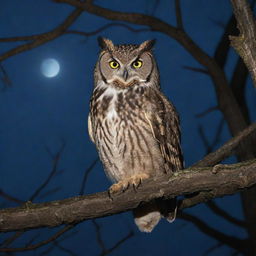 Generate an image of an owl, perched on an oak tree branch, under the glow of the moonlight.