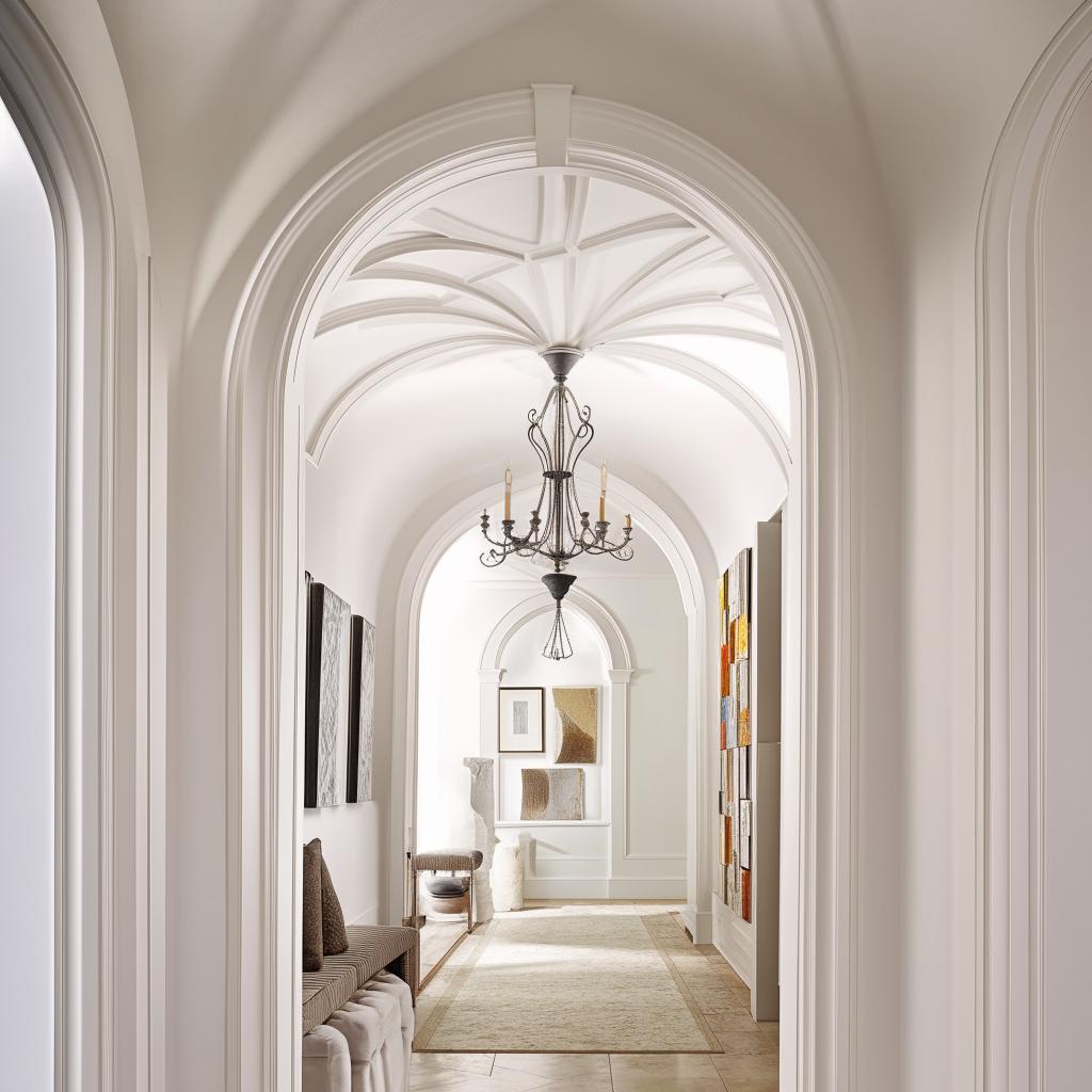 Classical white hallway adorned with elegant arches and a sophisticated gallery wall.