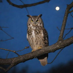 Generate an image of an owl, perched on an oak tree branch, under the glow of the moonlight.