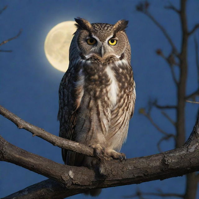 Generate an image of an owl, perched on an oak tree branch, under the glow of the moonlight.