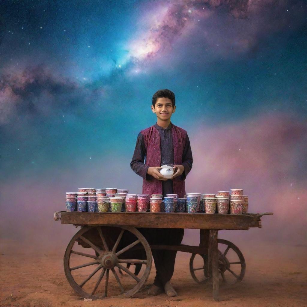 A young Pakistani boy in traditional attire, selling tea from a cart overflowing with mismatched cups, enveloped in a stunning nebula setting of a cosmic universe.