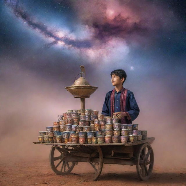 A young Pakistani boy in traditional attire, selling tea from a cart overflowing with mismatched cups, enveloped in a stunning nebula setting of a cosmic universe.