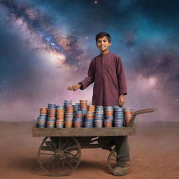 A young Pakistani boy in traditional attire, selling tea from a cart overflowing with mismatched cups, enveloped in a stunning nebula setting of a cosmic universe.