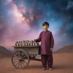 A young Pakistani boy in traditional attire, selling tea from a cart overflowing with mismatched cups, enveloped in a stunning nebula setting of a cosmic universe.