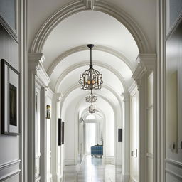 Classical white hallway adorned with elegant arches and a sophisticated gallery wall.