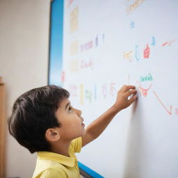 A vivid illustration of a curious child, engrossed in an interactive whiteboard in front of him, displaying a sense of wonder and eagerness to learn.