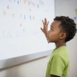 A vivid illustration of a curious child, engrossed in an interactive whiteboard in front of him, displaying a sense of wonder and eagerness to learn.