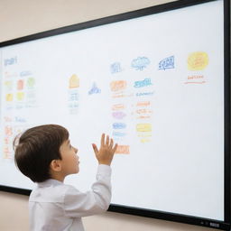 A vivid illustration of a curious child, engrossed in an interactive whiteboard in front of him, displaying a sense of wonder and eagerness to learn.