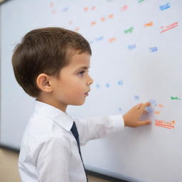 A vivid illustration of a curious child, engrossed in an interactive whiteboard in front of him, displaying a sense of wonder and eagerness to learn.