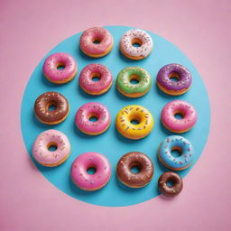 Create an animated poster with playful donuts as characters, each having a vibrant color and personality, engaging with each other in a friendly manner on a bright background.