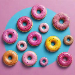 Create an animated poster with playful donuts as characters, each having a vibrant color and personality, engaging with each other in a friendly manner on a bright background.