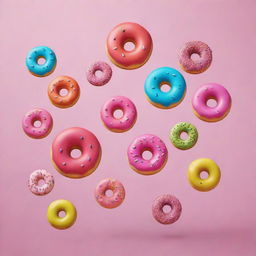 Create an animated poster with playful donuts as characters, each having a vibrant color and personality, engaging with each other in a friendly manner on a bright background.