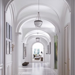 Classical white hallway adorned with elegant arches and a sophisticated gallery wall.