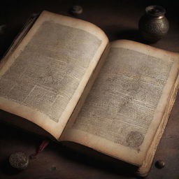 A mysterious and ancient book, its pages overflowing with cryptic symbols and world secrets.