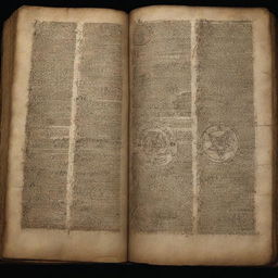 A mysterious and ancient book, its pages overflowing with cryptic symbols and world secrets.