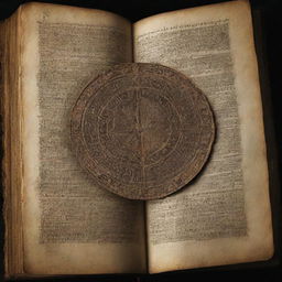 A mysterious and ancient book, its pages overflowing with cryptic symbols and world secrets.