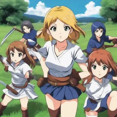 In the anime series, the main character farms out her fighting skills to join a group of warriors in their quest.