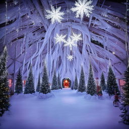 Ethereal, majestic fantasy scene at the North Pole during Christmas, with a harmony of glowing lights, elves, snowflakes, and Santa's workshop.