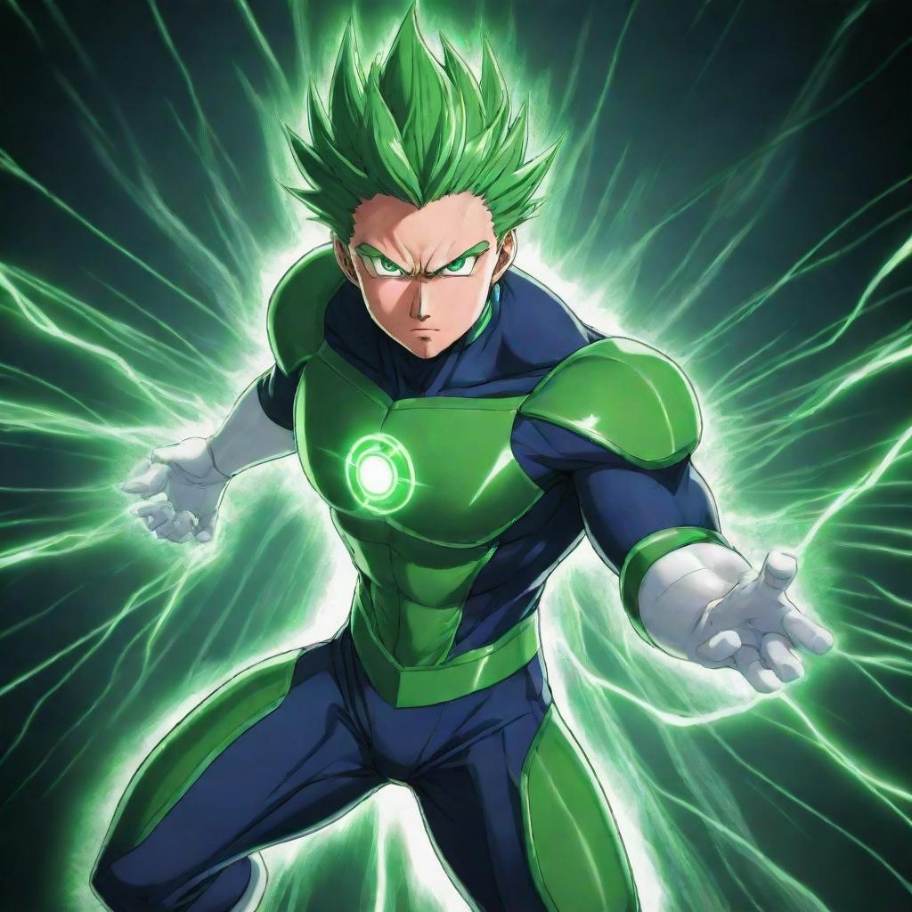 Draw an anime-style hero character emanating green electrical energy, signifying their boundless power.