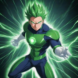 Draw an anime-style hero character emanating green electrical energy, signifying their boundless power.