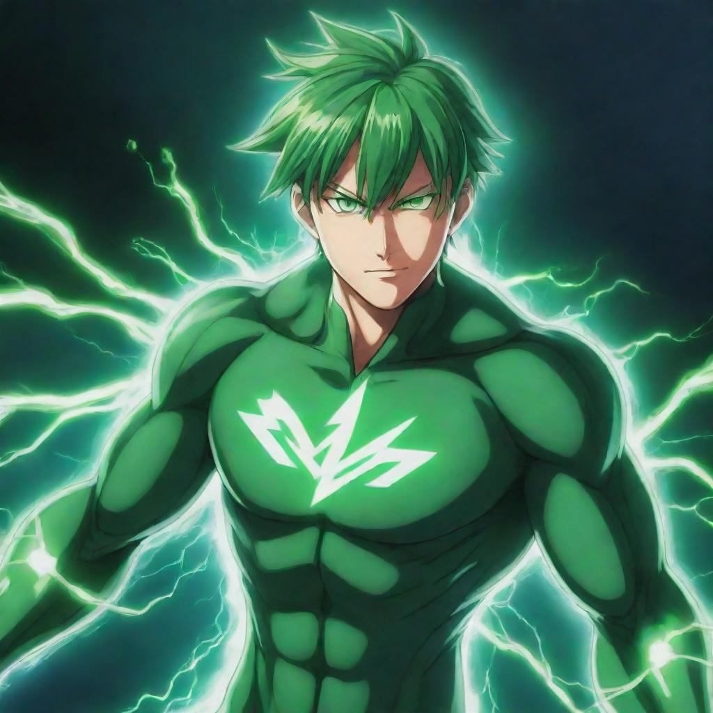 Draw an anime-style hero character emanating green electrical energy, signifying their boundless power.