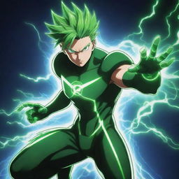 Draw an anime-style hero character emanating green electrical energy, signifying their boundless power.